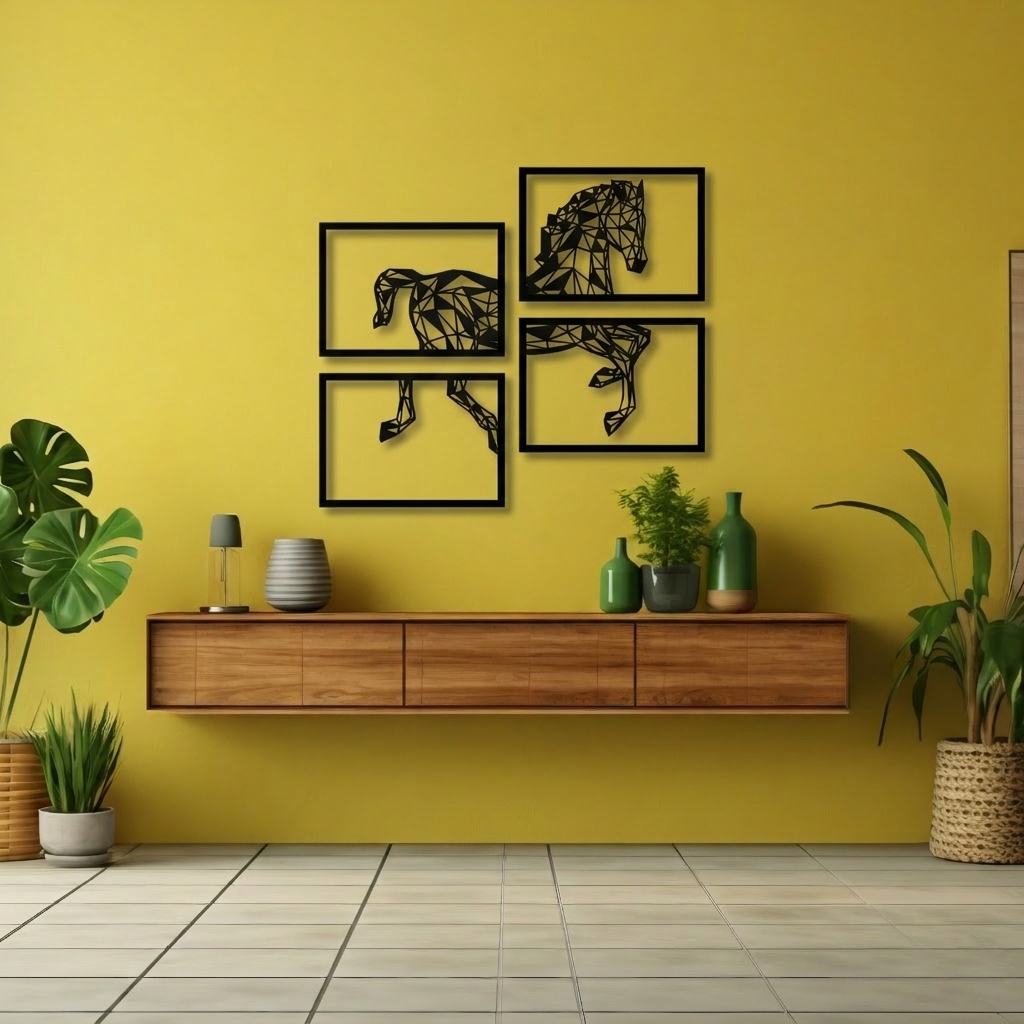 4-Piece Geometric Horse Metal Wall Art - Modern Origami Animal Silhouette Decor