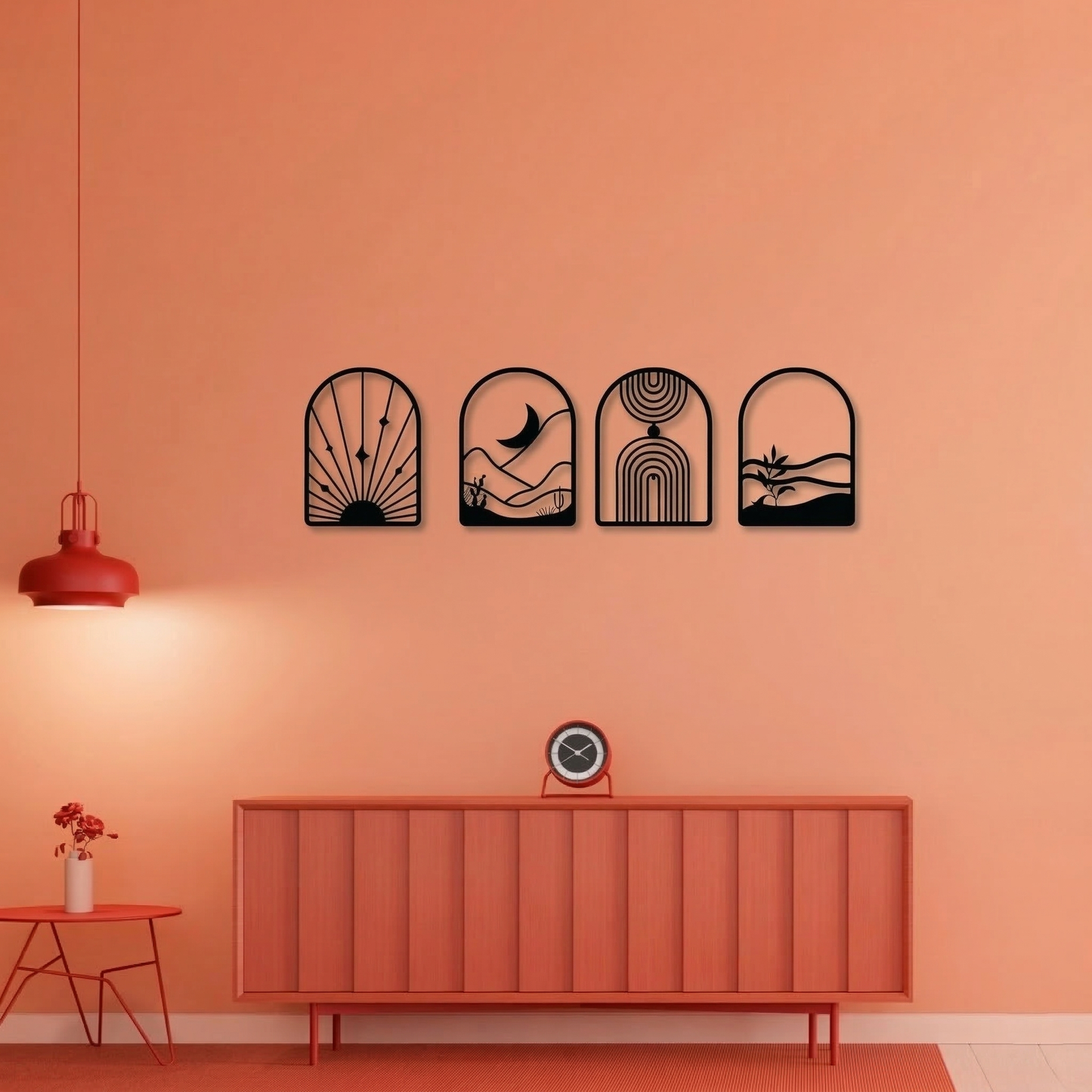 4-Piece Boho Arch Metal Wall Art Set - Abstract Sun, Moon & Desert Landscape Decor