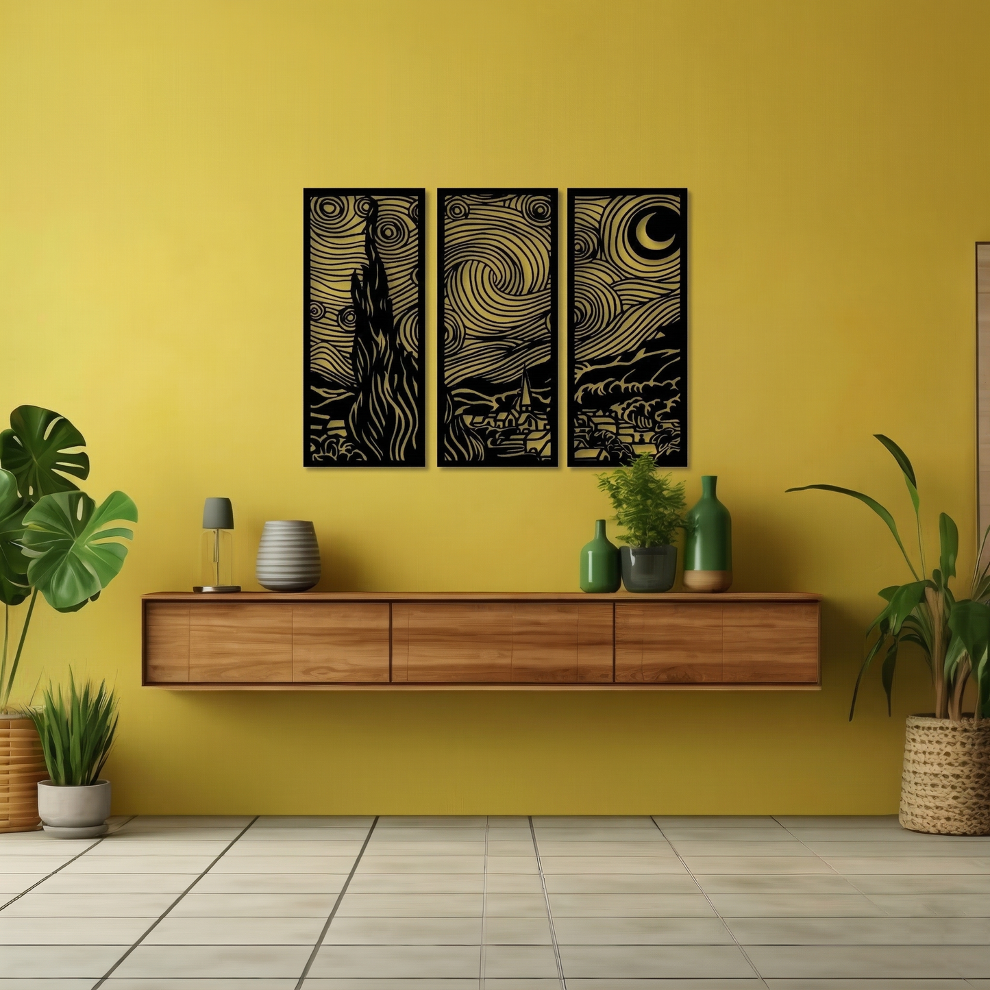 3-Piece Starry Night Metal Wall Art - Van Gogh Masterpiece Silhouette Home Decor