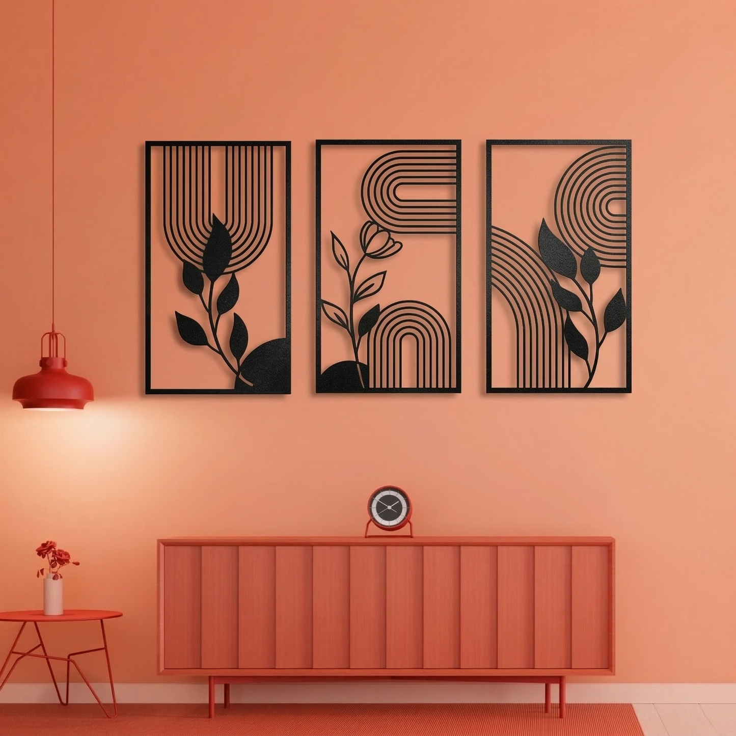 3-Piece Abstract Boho Arch & Botanical Metal Wall Art - Modern Geometric Leaf Decor