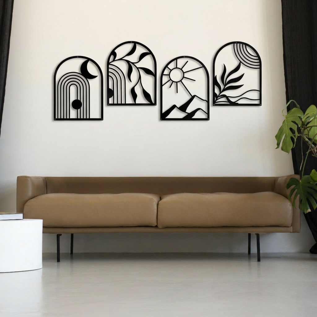 4-Piece Boho Arch Metal Wall Art Set - Abstract Sun, Moon & Botanical Nature Decor