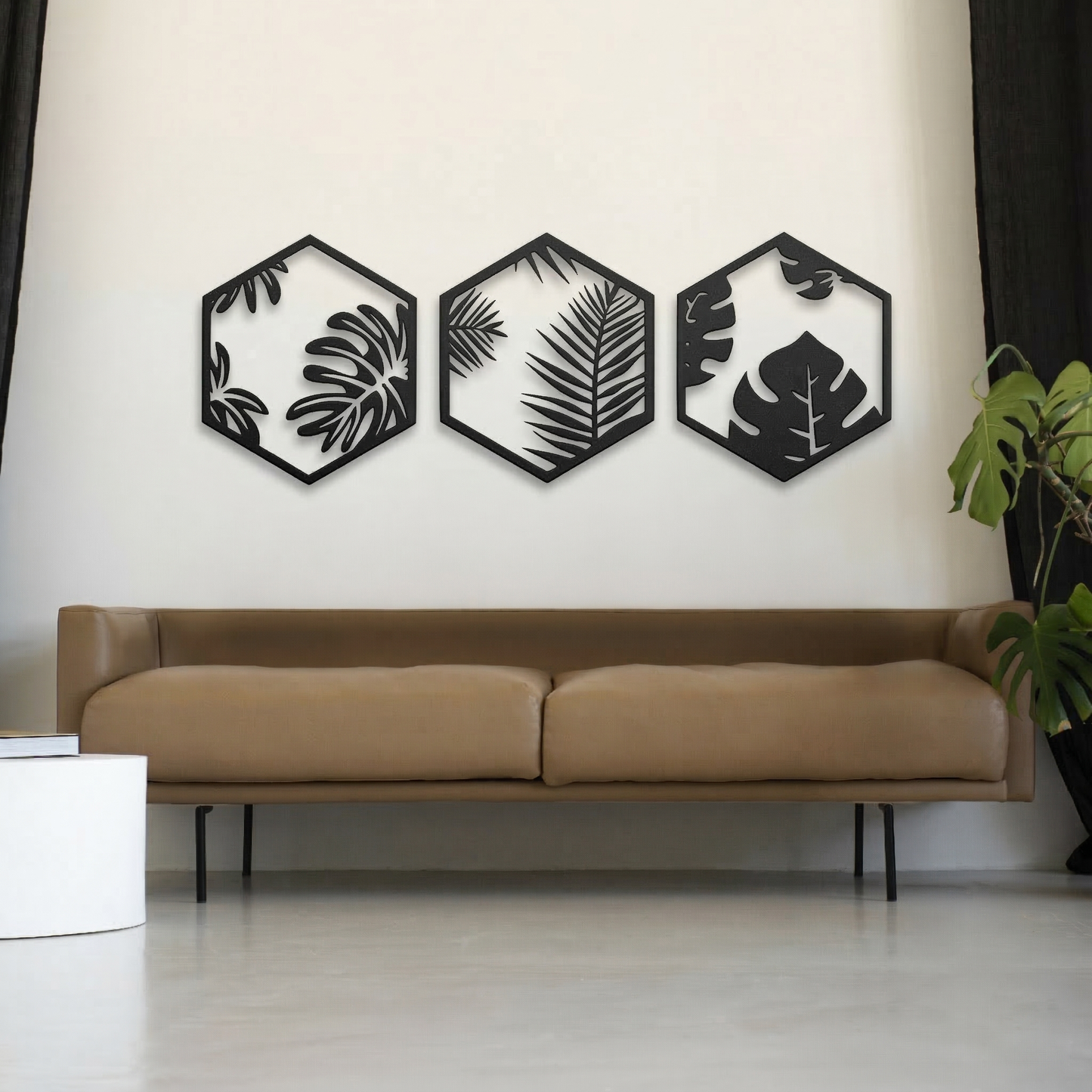 3-Piece Hexagon Botanical Metal Wall Art - Modern Tropical Leaf Panel Set