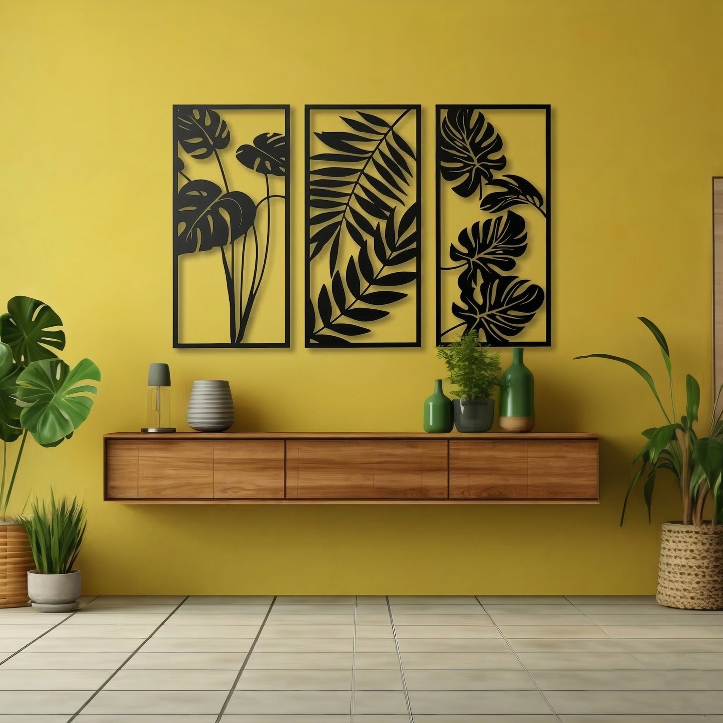 3-Piece Monstera & Palm Leaf Metal Wall Art - Modern Tropical Botanical Panel Set
