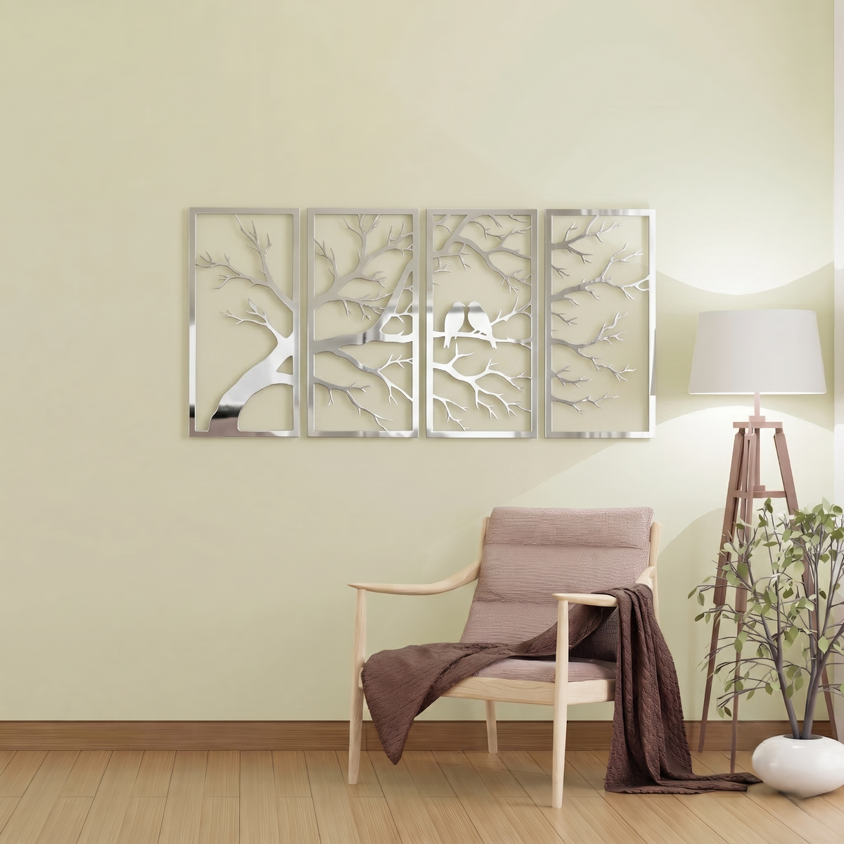 4-Piece Tree of Life with Birds Metal Wall Art - Modern Nature Scene Panel Decor