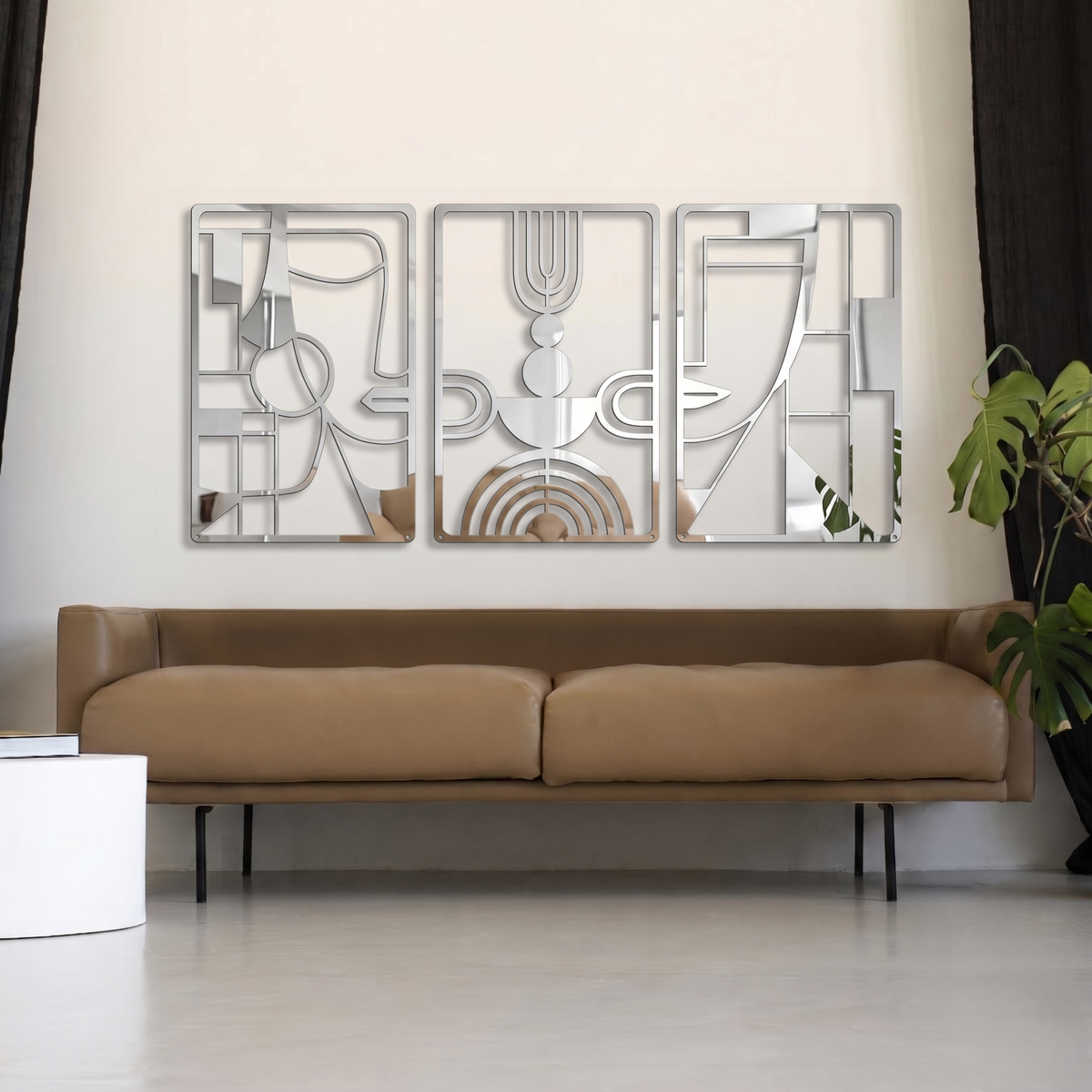3-Piece Abstract Face Metal Wall Art - Modern Geometric Line Art Decor