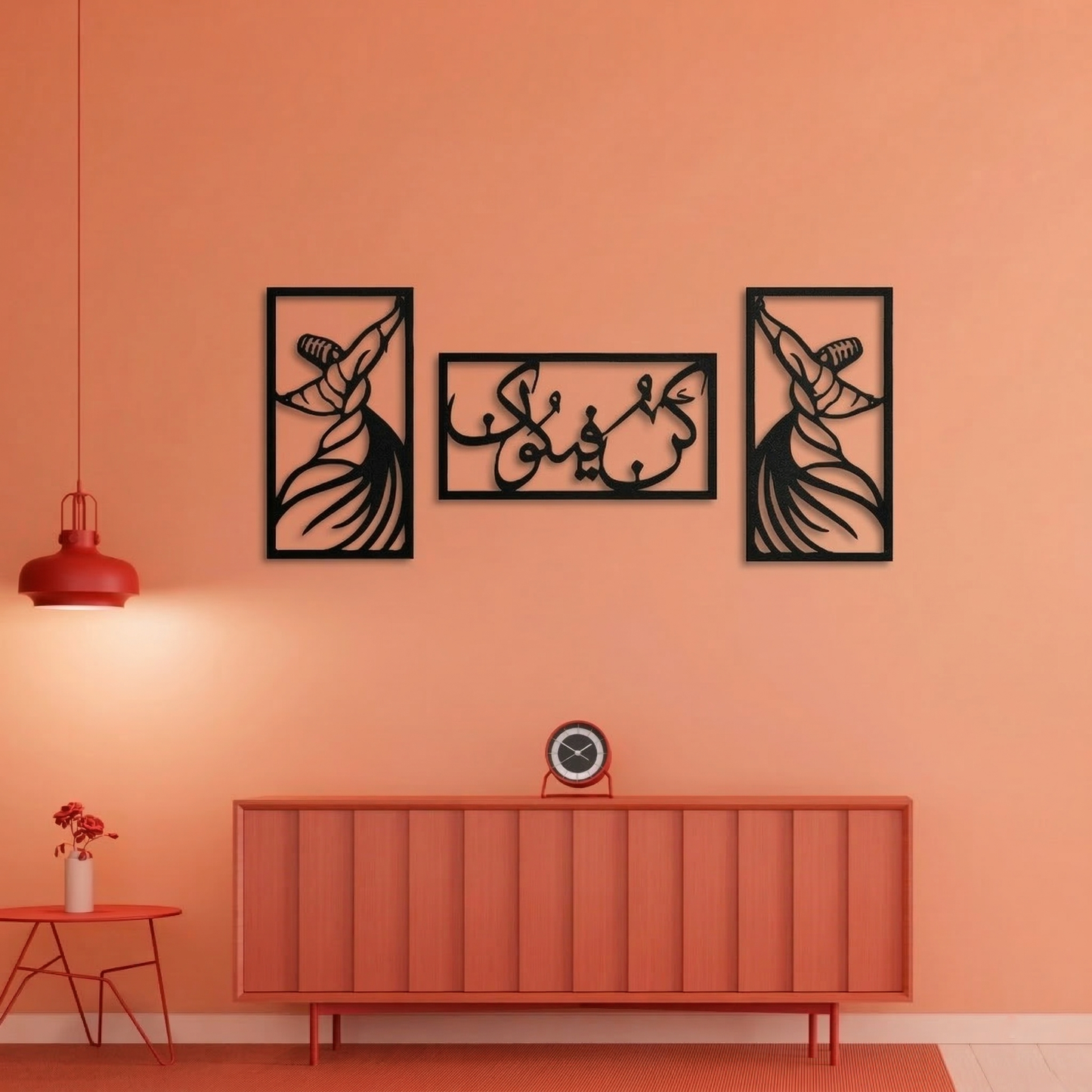3-Piece Whirling Dervish & "Kun Faya Kun" Metal Wall Art - Sufi Islamic Decor