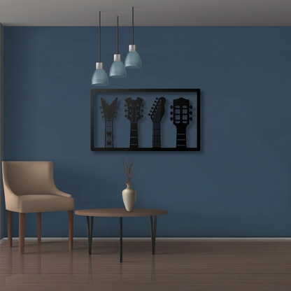 4 Guitar Headstocks Metal Wall Art - Horizontal Music Room Silhouette Decor