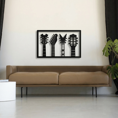 4 Guitar Headstocks Metal Wall Art - Horizontal Music Room Silhouette Decor