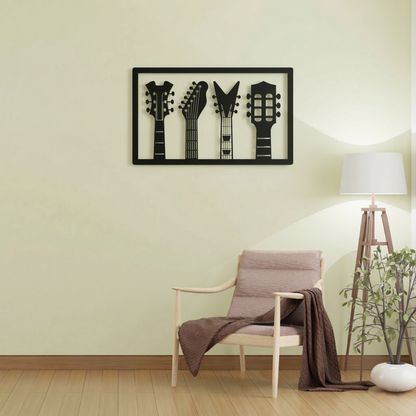 4 Guitar Headstocks Metal Wall Art - Horizontal Music Room Silhouette Decor
