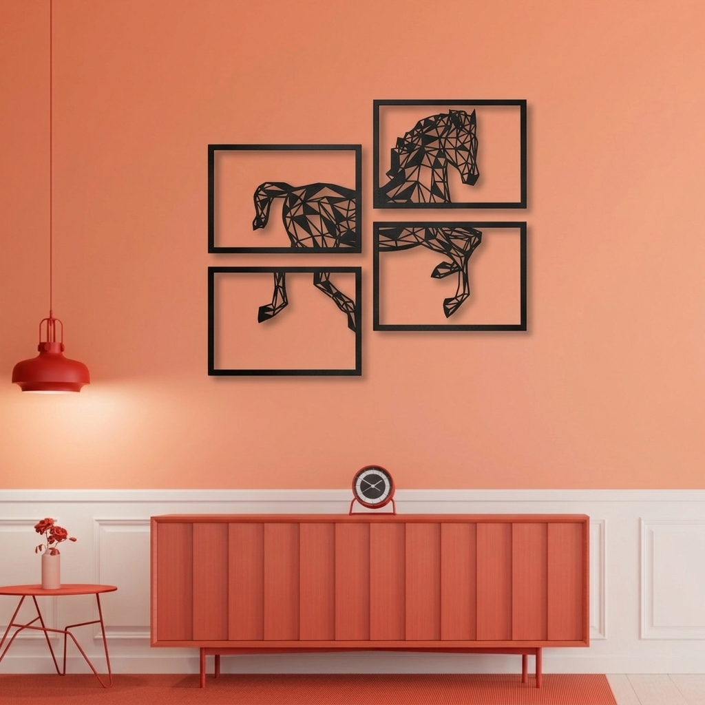 4-Piece Geometric Horse Metal Wall Art - Modern Origami Animal Silhouette Decor