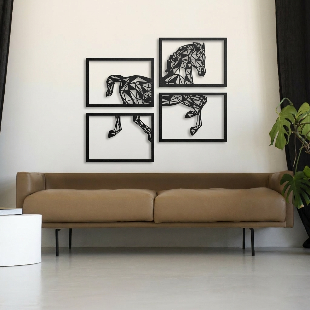 4-Piece Geometric Horse Metal Wall Art - Modern Origami Animal Silhouette Decor