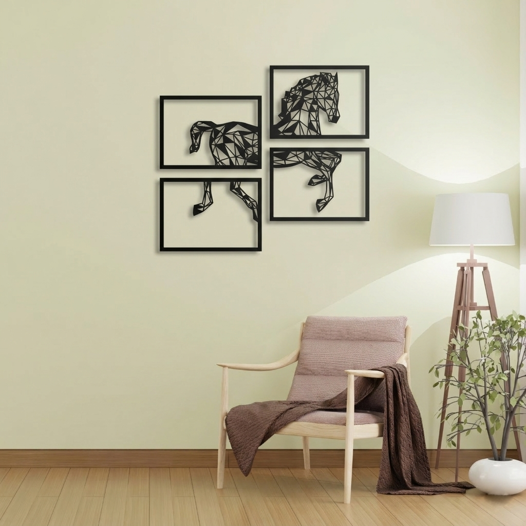 4-Piece Geometric Horse Metal Wall Art - Modern Origami Animal Silhouette Decor