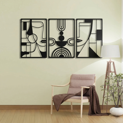 3-Piece Abstract Face Metal Wall Art - Modern Geometric Line Art Decor