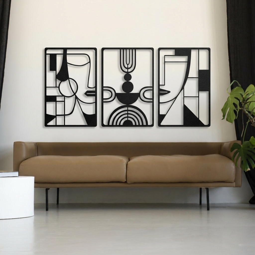 3-Piece Abstract Face Metal Wall Art - Modern Geometric Line Art Decor