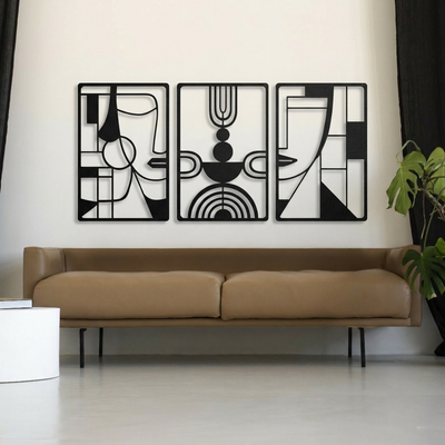 3-Piece Abstract Face Metal Wall Art - Modern Geometric Line Art Decor