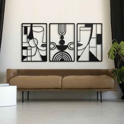 3-Piece Abstract Face Metal Wall Art - Modern Geometric Line Art Decor
