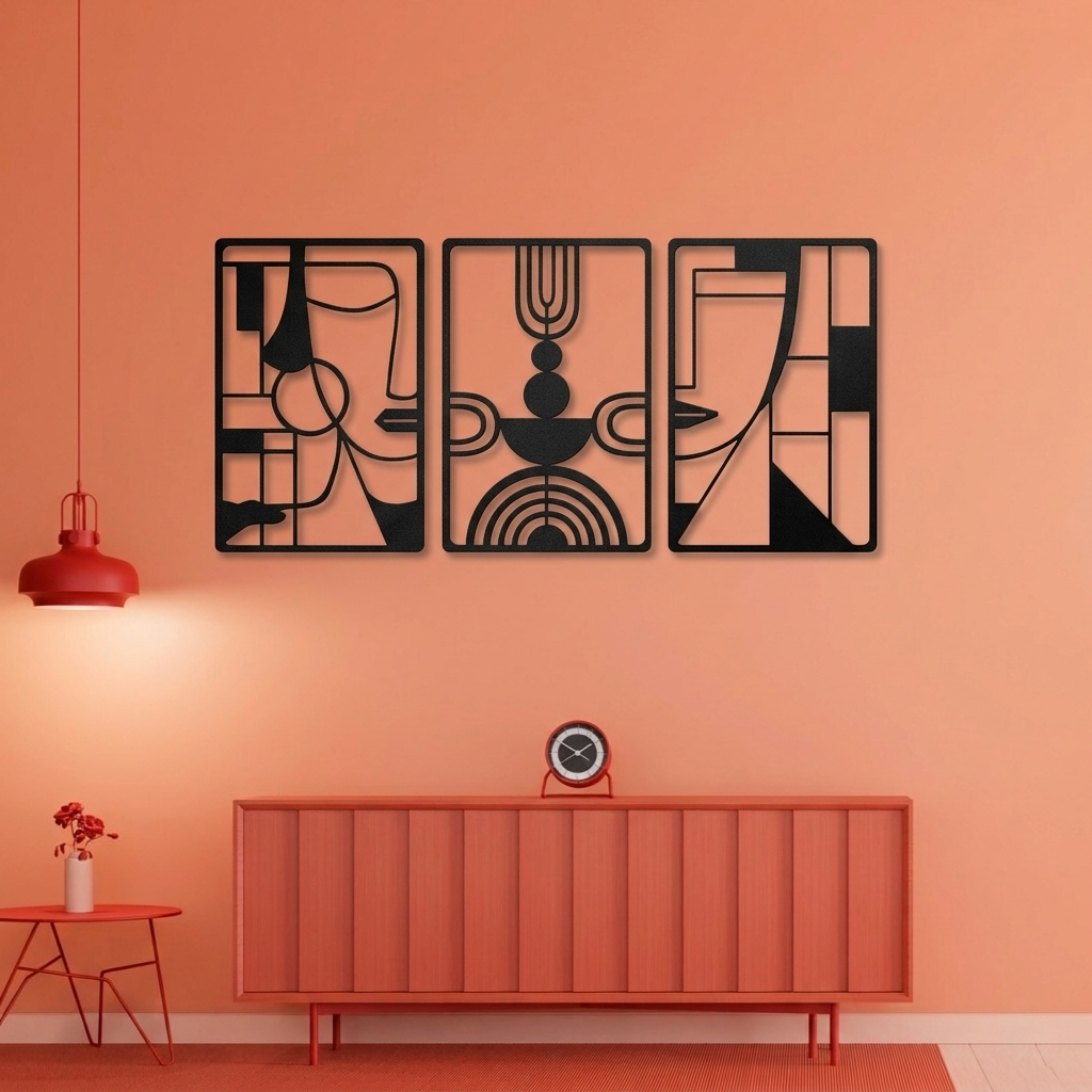 3-Piece Abstract Face Metal Wall Art - Modern Geometric Line Art Decor