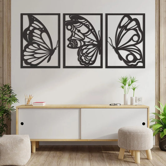 3-Piece Butterfly Metal Wall Art - Modern Nature Silhouette Decor