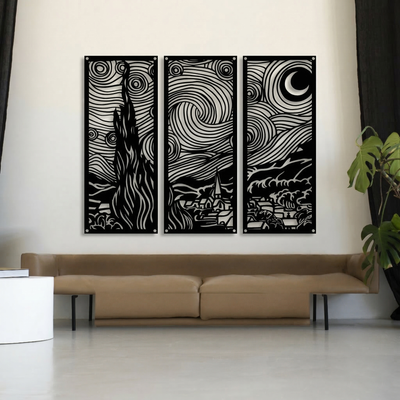 3-Piece Starry Night Metal Wall Art - Van Gogh Masterpiece Silhouette Home Decor