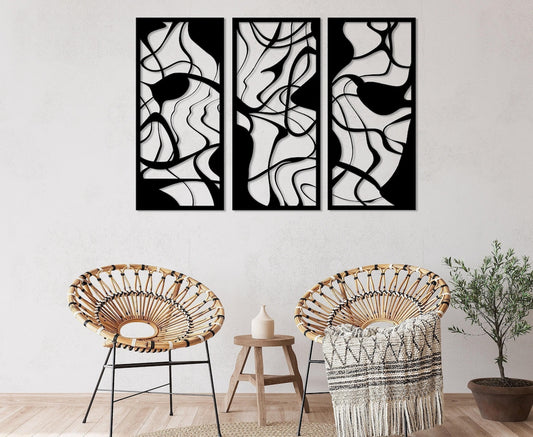 3-Piece Abstract Fluid Line Metal Wall Art - Modern Organic Wave Decor