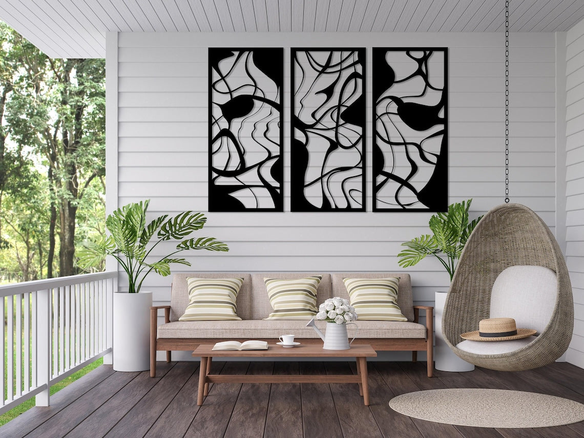 3-Piece Abstract Fluid Line Metal Wall Art - Modern Organic Wave Decor