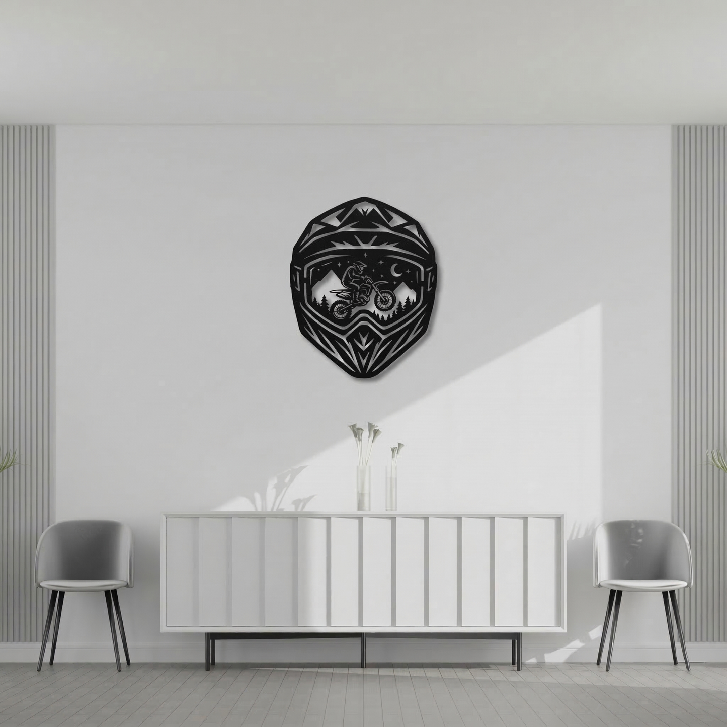 Motocross Helmet Dirt Bike Metal Wall Art - Off-Road Mountain Landscape Decor for Garage & Man Cave