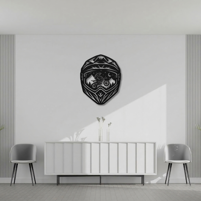 Motocross Helmet Dirt Bike Metal Wall Art - Off-Road Mountain Landscape Decor for Garage & Man Cave