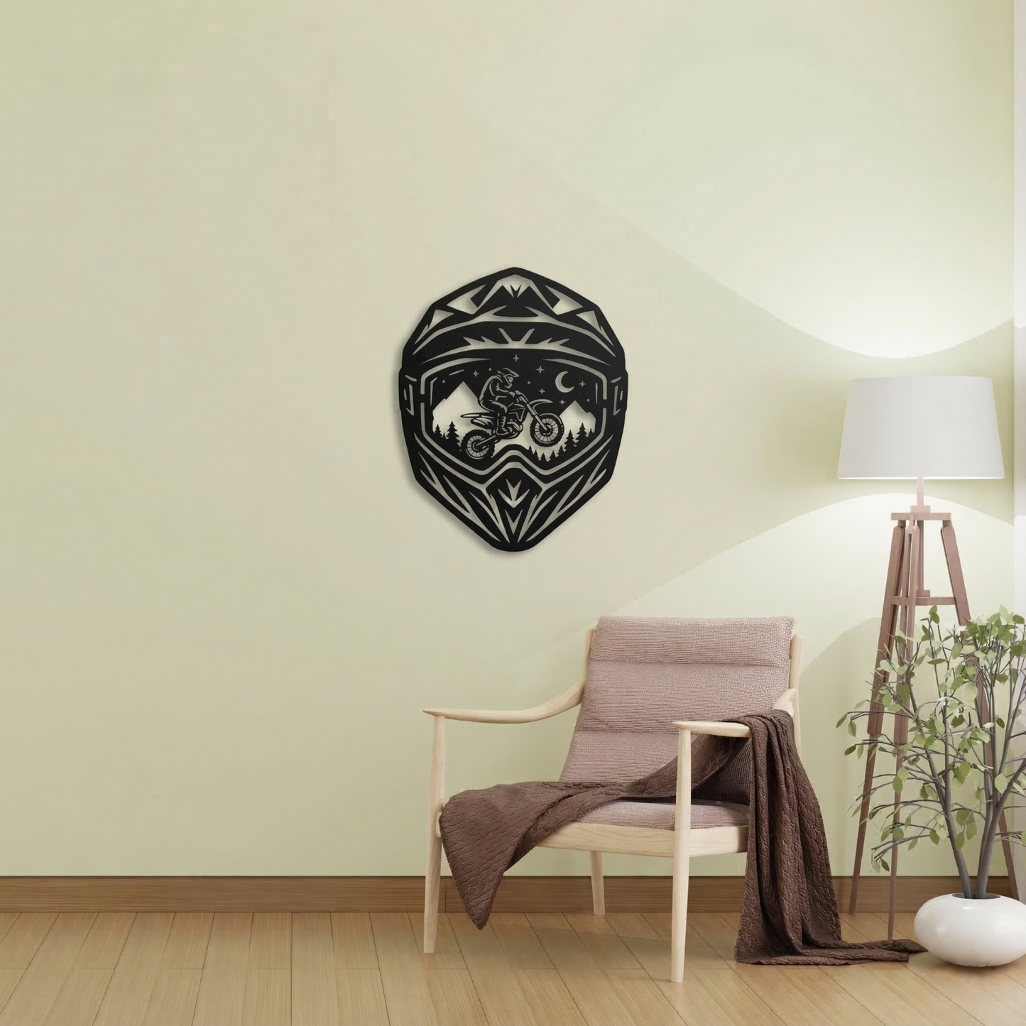 Motocross Helmet Dirt Bike Metal Wall Art - Off-Road Mountain Landscape Decor for Garage & Man Cave