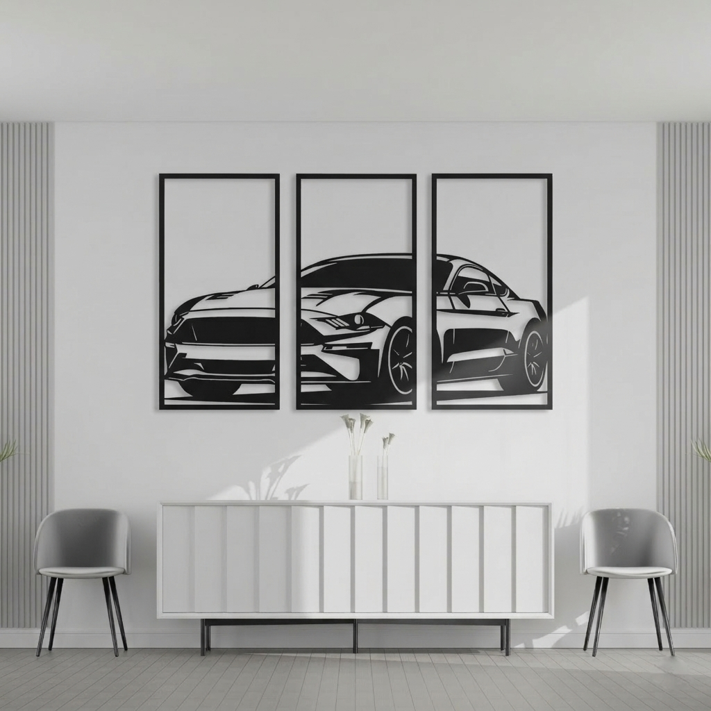 3-Piece Modern Muscle Car Metal Wall Art - Sports Car Silhouette Panel Decor