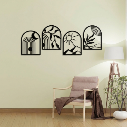 4-Piece Boho Arch Metal Wall Art Set - Abstract Sun, Moon & Botanical Nature Decor