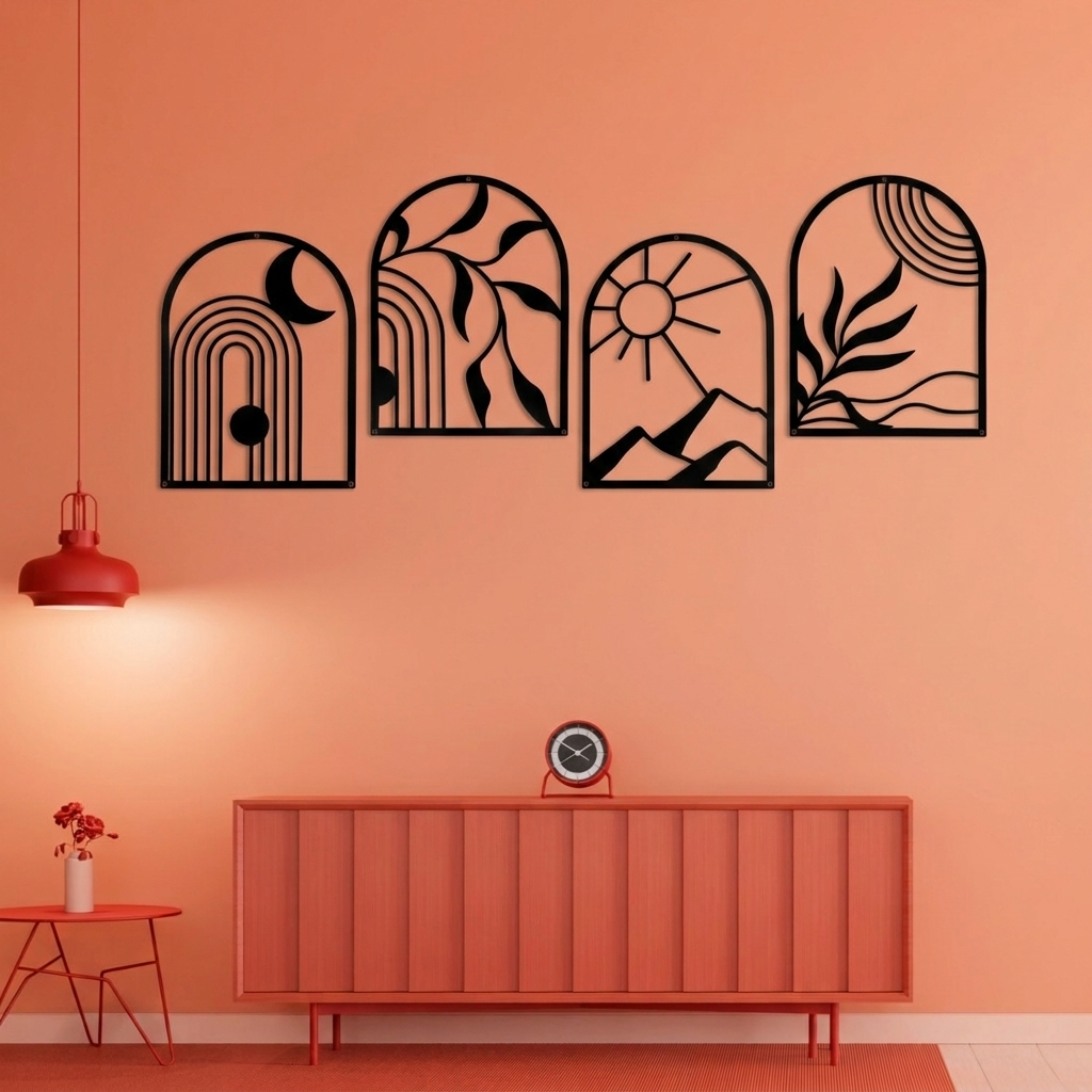 4-Piece Boho Arch Metal Wall Art Set - Abstract Sun, Moon & Botanical Nature Decor
