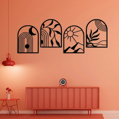 4-Piece Boho Arch Metal Wall Art Set - Abstract Sun, Moon & Botanical Nature Decor