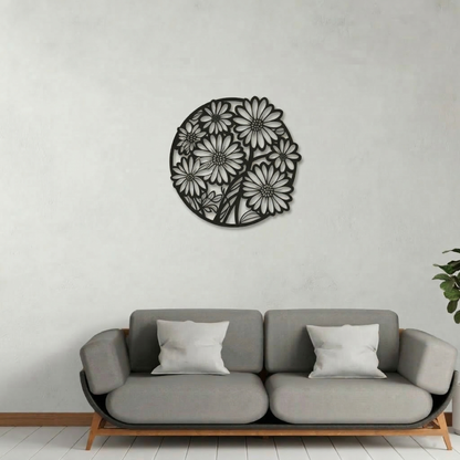 Round Daisy Floral Metal Wall Art - Elegant Botanical Silhouette Home Decor