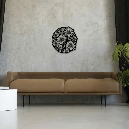 Round Daisy Floral Metal Wall Art - Elegant Botanical Silhouette Home Decor