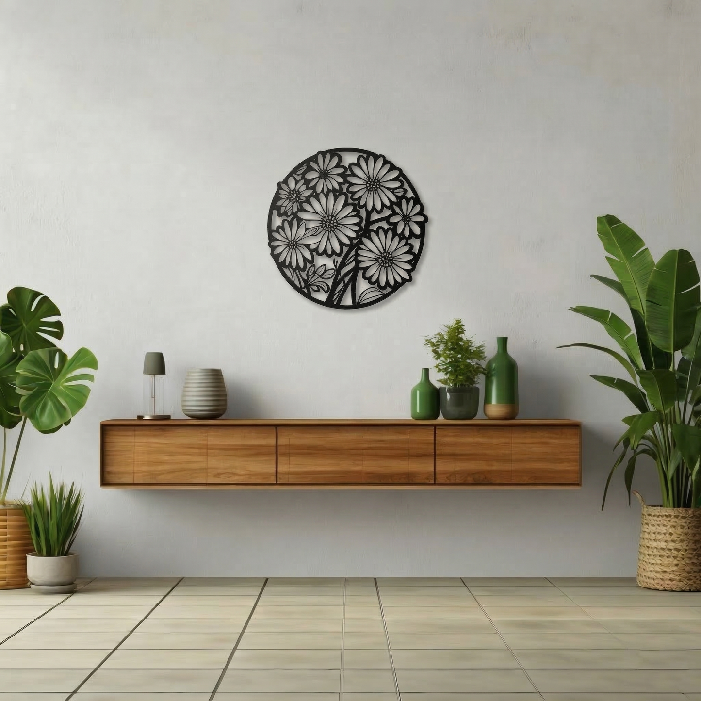 Round Daisy Floral Metal Wall Art - Elegant Botanical Silhouette Home Decor