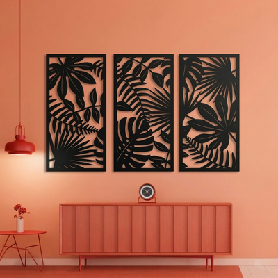 3-Piece Tropical Leaves Metal Wall Art - Modern Botanical Panel Set for Home Decor