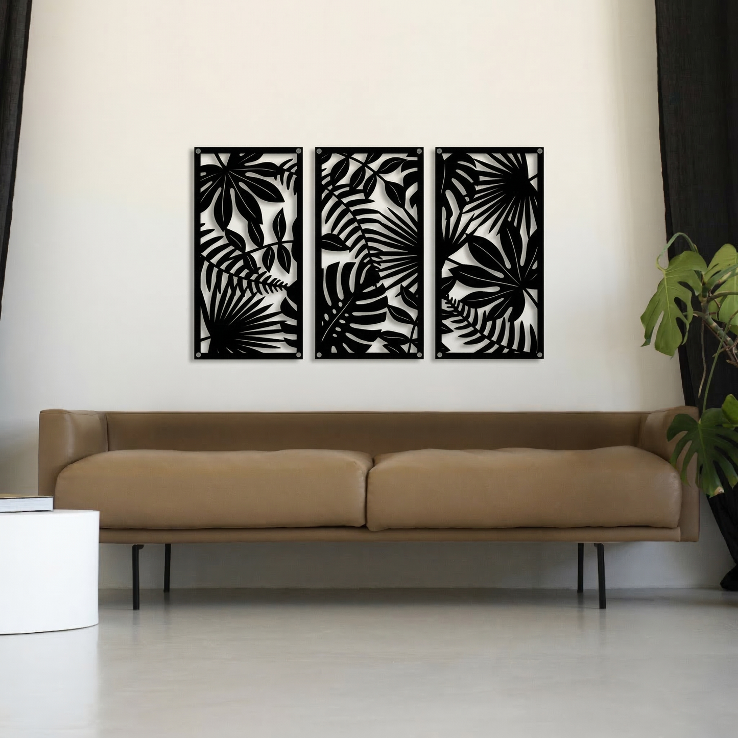 3-Piece Tropical Leaves Metal Wall Art - Modern Botanical Panel Set for Home Decor
