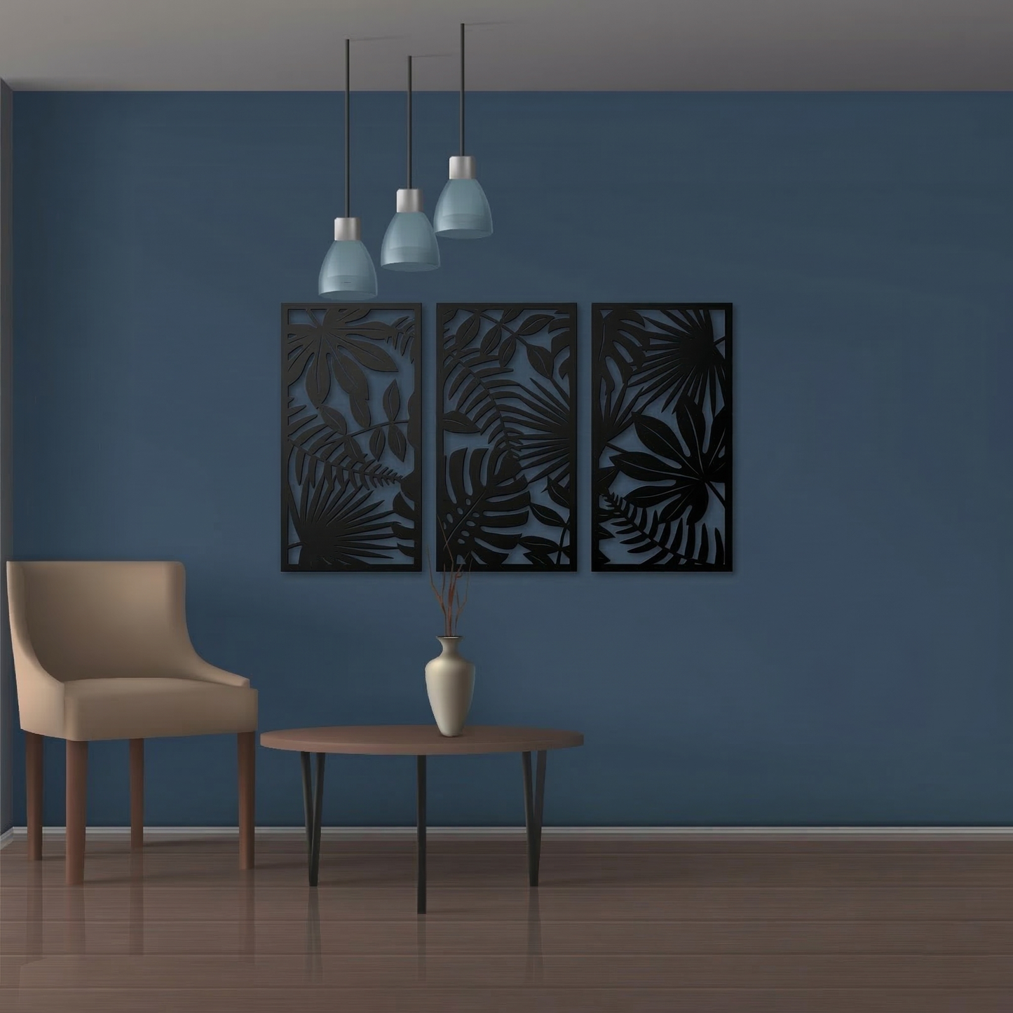 3-Piece Tropical Leaves Metal Wall Art - Modern Botanical Panel Set for Home Decor