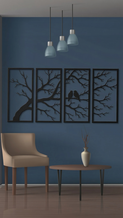4-Piece Tree of Life with Birds Metal Wall Art - Modern Nature Scene Panel Decor