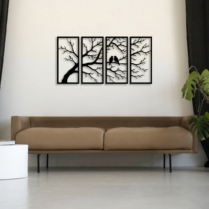 4-Piece Tree of Life with Birds Metal Wall Art - Modern Nature Scene Panel Decor