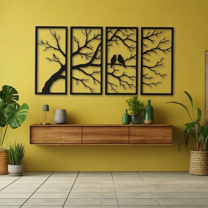 4-Piece Tree of Life with Birds Metal Wall Art - Modern Nature Scene Panel Decor