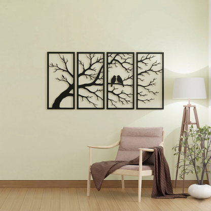 4-Piece Tree of Life with Birds Metal Wall Art - Modern Nature Scene Panel Decor