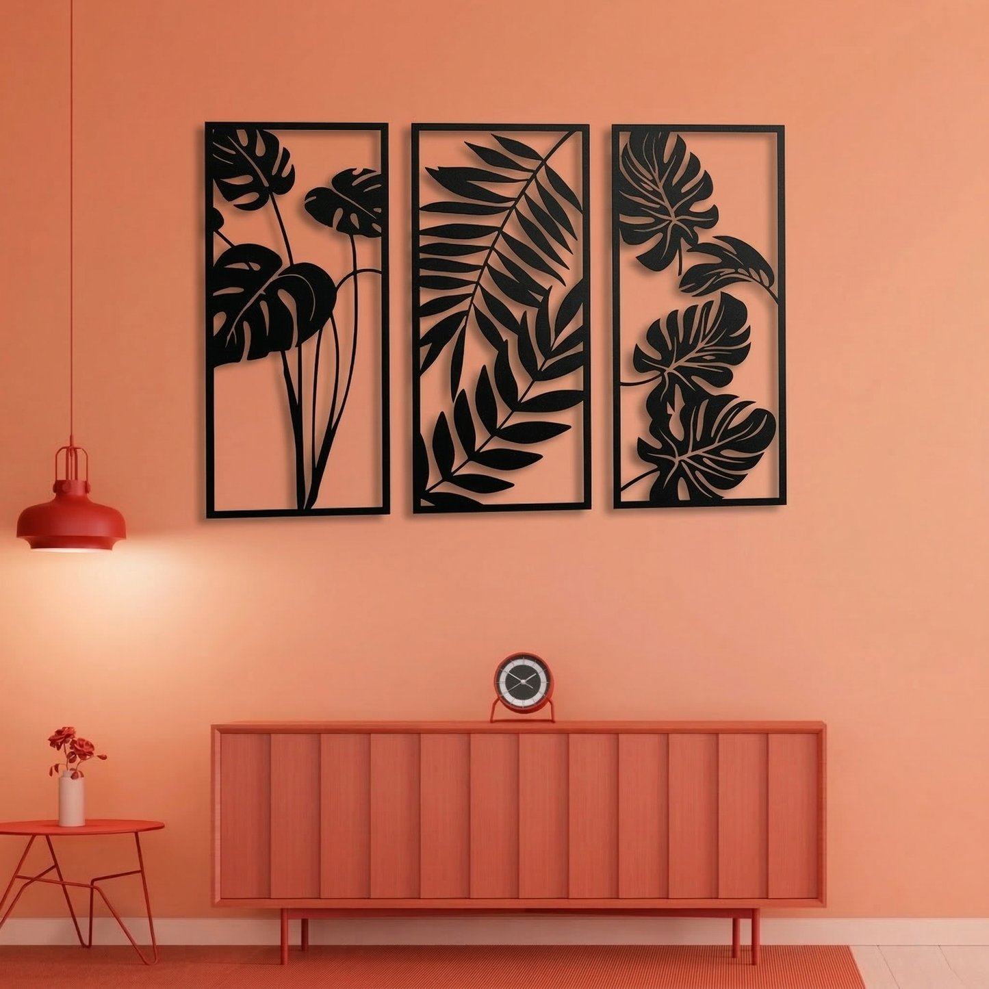 3-Piece Monstera & Palm Leaf Metal Wall Art - Modern Tropical Botanical Panel Set