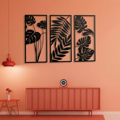 3-Piece Monstera & Palm Leaf Metal Wall Art - Modern Tropical Botanical Panel Set