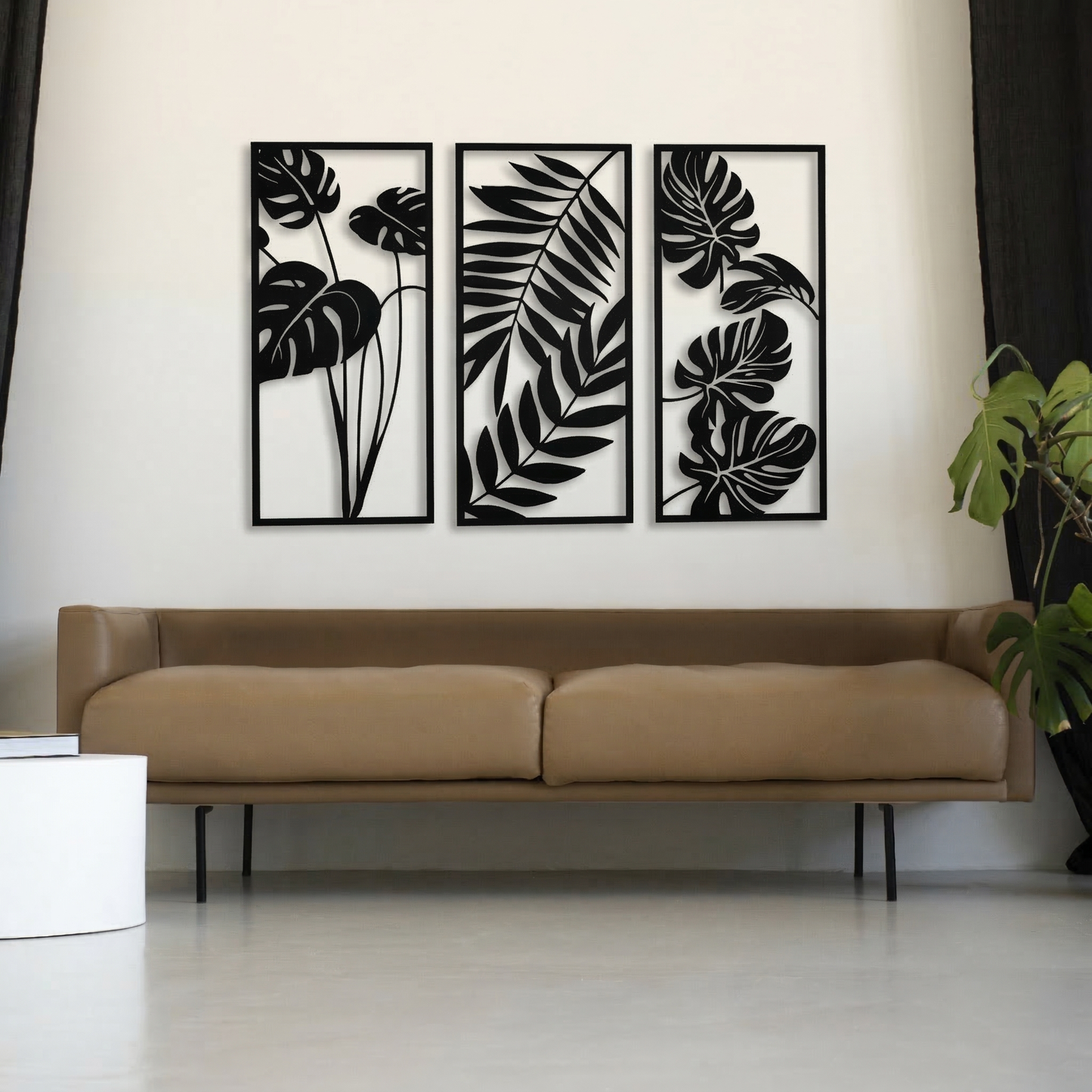 3-Piece Monstera & Palm Leaf Metal Wall Art - Modern Tropical Botanical Panel Set