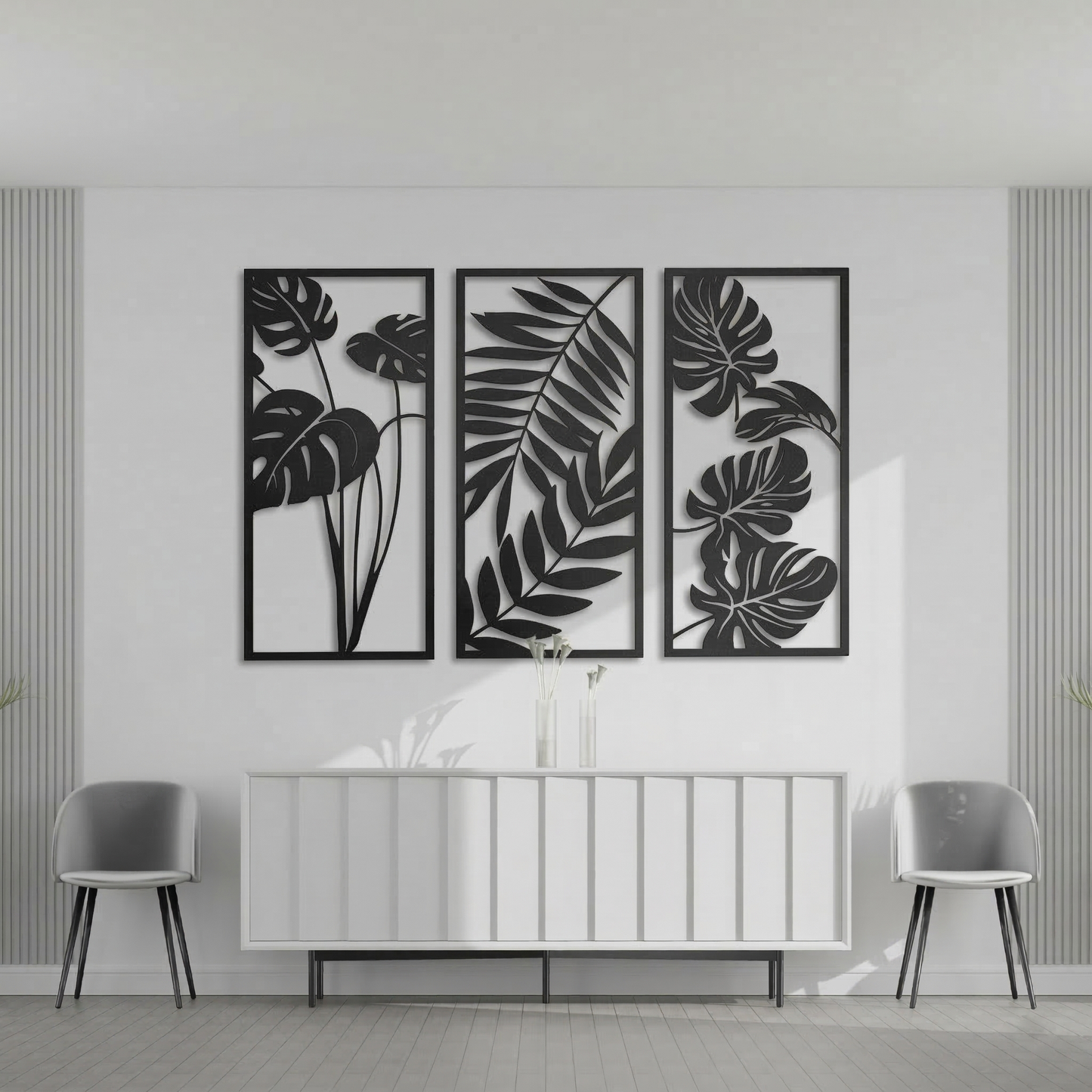 3-Piece Monstera & Palm Leaf Metal Wall Art - Modern Tropical Botanical Panel Set