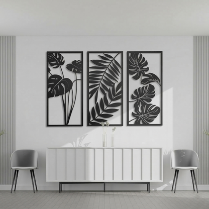 3-Piece Monstera & Palm Leaf Metal Wall Art - Modern Tropical Botanical Panel Set