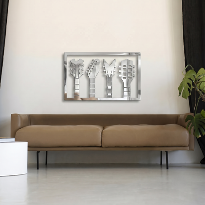 4 Guitar Headstocks Metal Wall Art - Horizontal Music Room Silhouette Decor