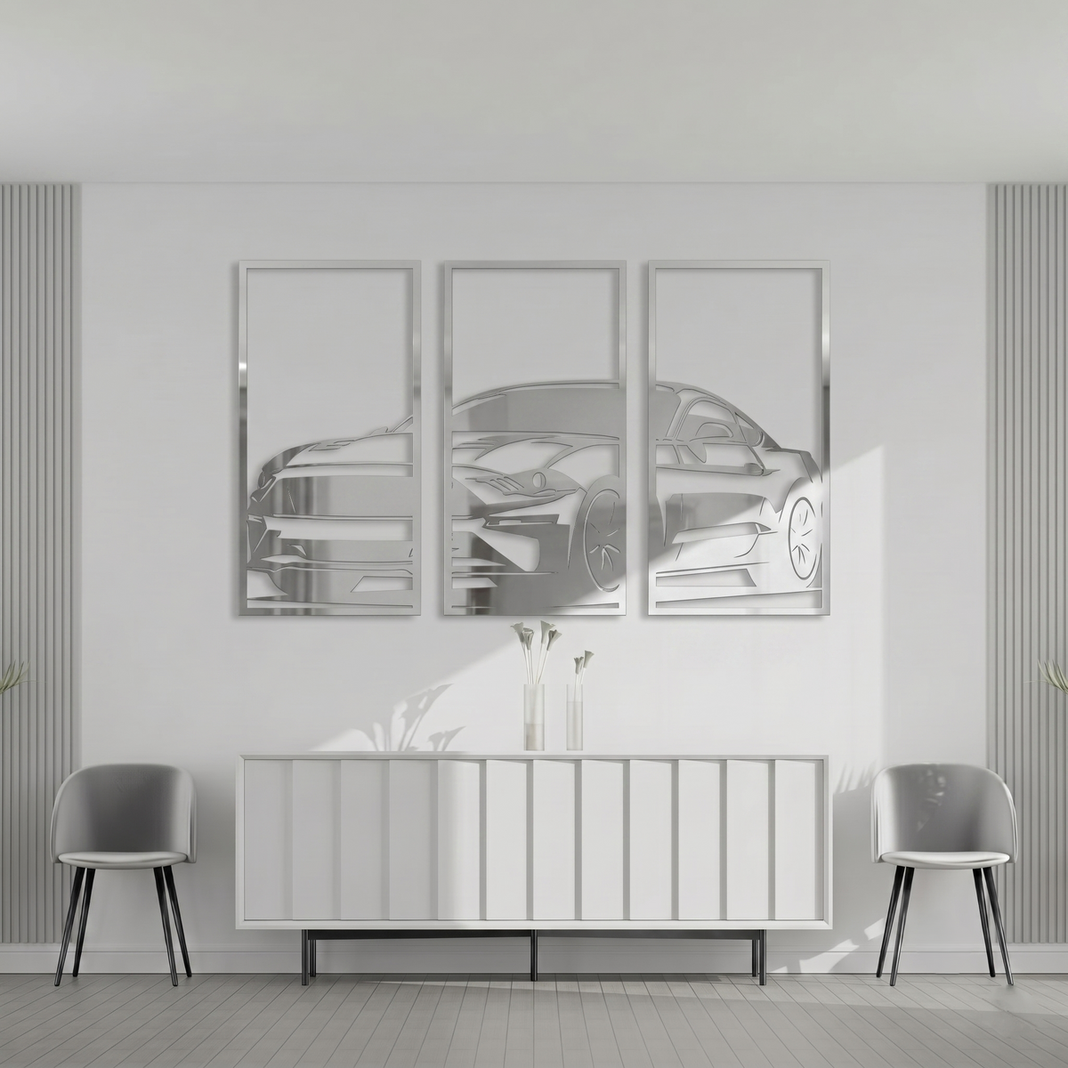 3-Piece Modern Muscle Car Metal Wall Art - Sports Car Silhouette Panel Decor