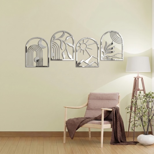4-Piece Boho Arch Metal Wall Art Set - Abstract Sun, Moon & Botanical Nature Decor